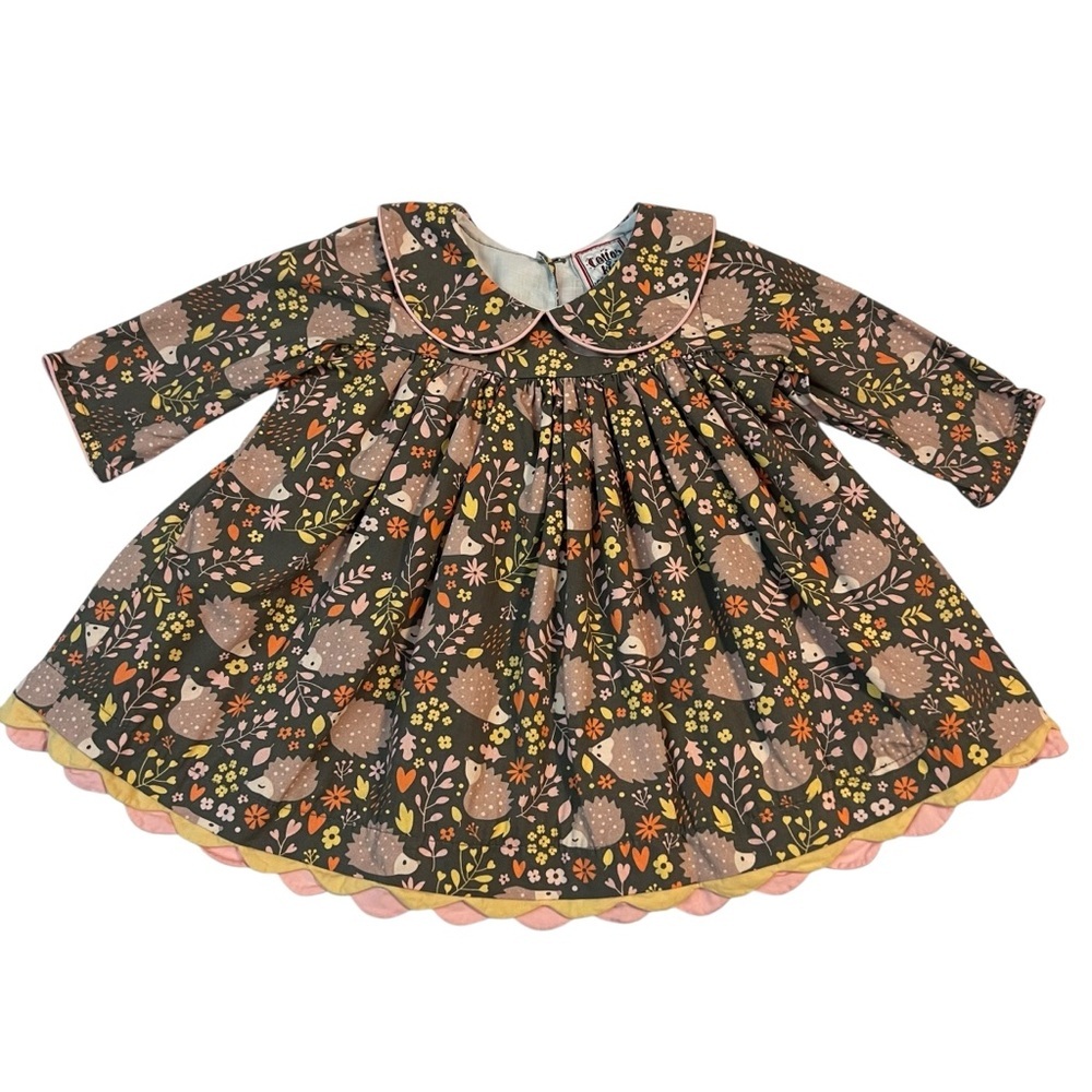 Cotton Kids Hedgehog Print Baby Dress 3M Peter Pan Collar Fall Floral‎ Rare